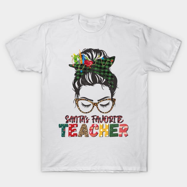 Santa's Favorite Teacher Messy Bun Buffalo Plaid Christmas Gift T-Shirt by BadDesignCo